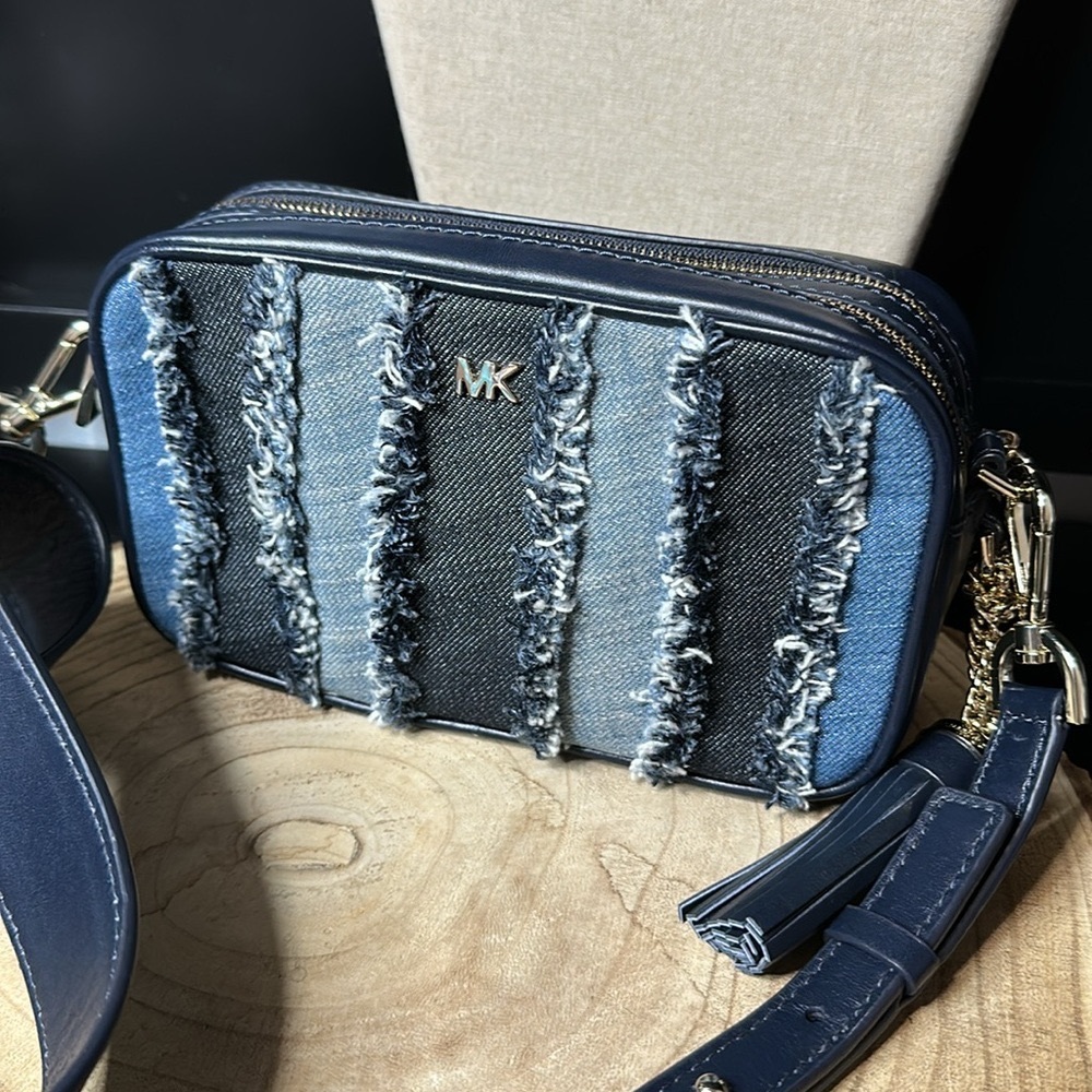 Michael Kors Purse Frayed Patchwork Blue Denim Camera Crossbody Shoulder Bag